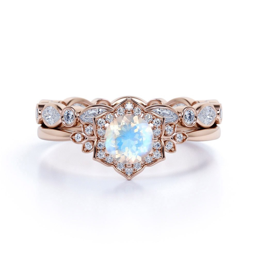 Art Deco Moonstone Engagement Ring Set14k Rose Gold Moonstone | Etsy