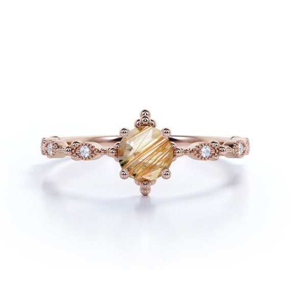Round Cut Golden Rutile Engagement Ring 