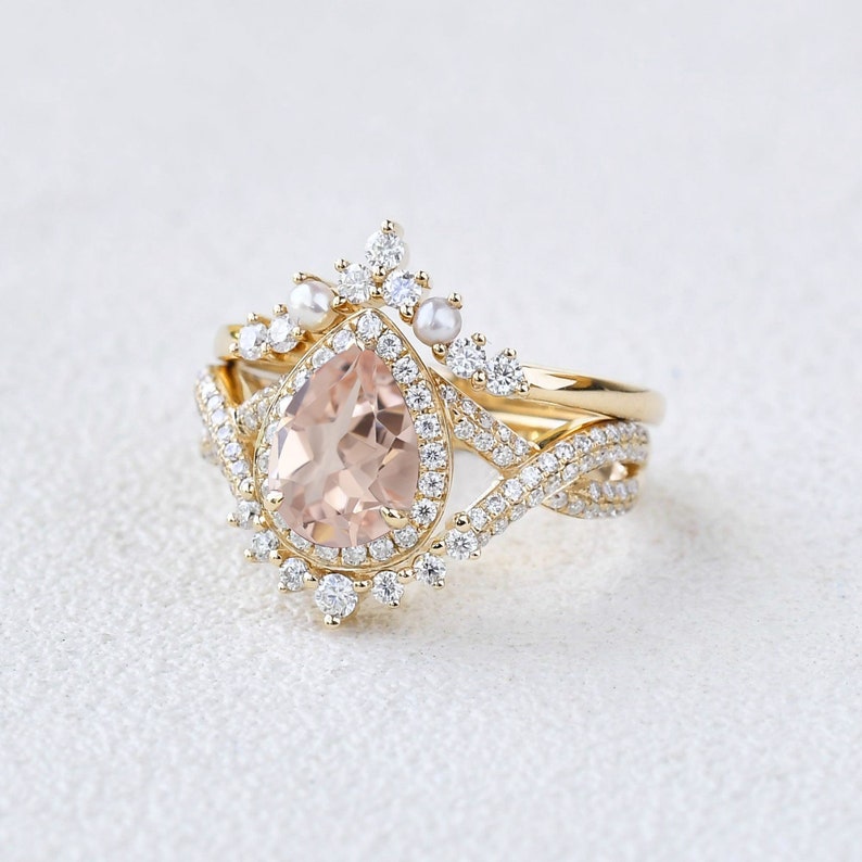 Peach Morganite Engagement Ring Set Half Eternity Diamond - Etsy