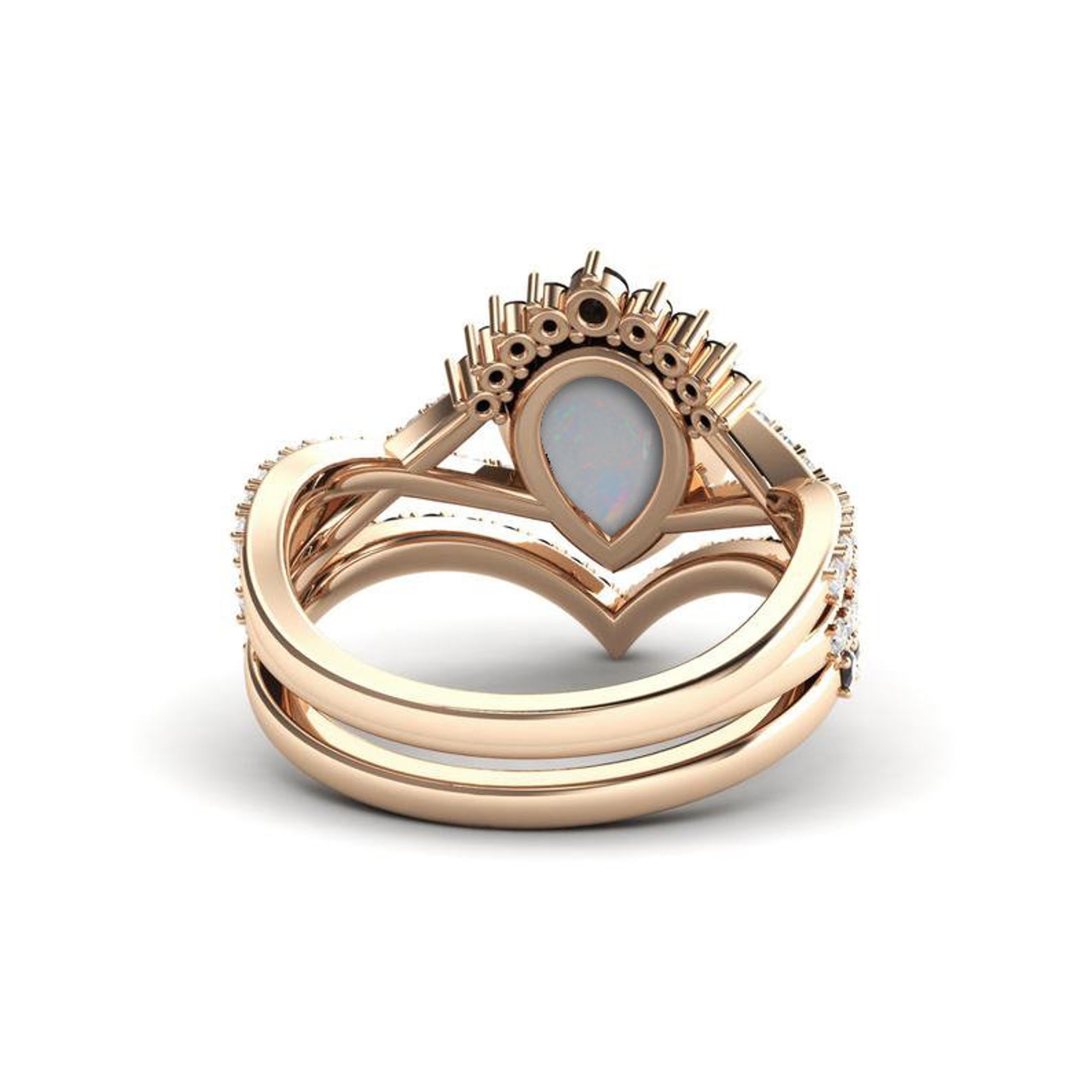 Natural Opal Engagement ring set Rose gold wedding ring