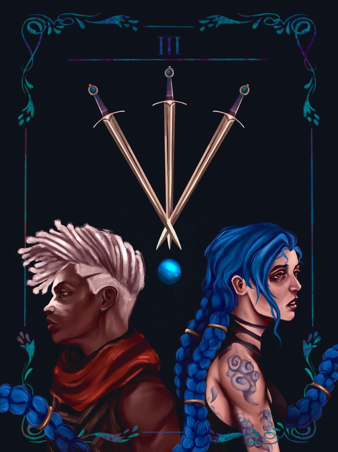 Artistic print of the Three of Swords tarot card featuring a heart with three swords