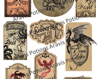 Mythology Labels, decorative labels for bottles - potion stickers - scrapbooking - Wizard Decoration, Apothecary