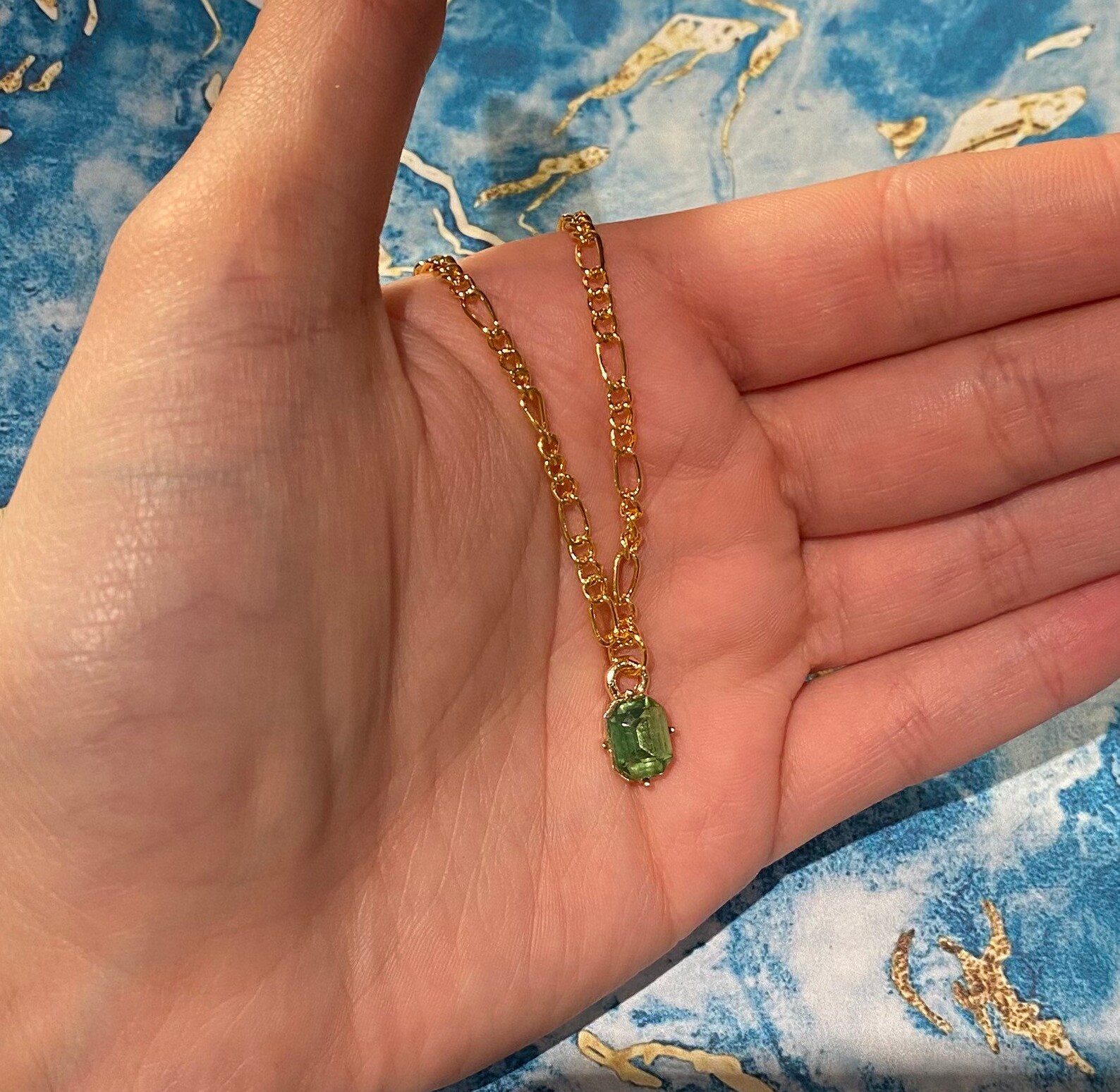 Sage green gem necklace in gold on a figaro chain Etsy