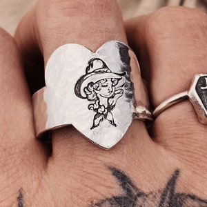 Cowgirl Heart Signet Adjustable Ring, Silver Colour Hand Stamped Ring. Western Cowboy Ring. Traditional Tattoo.