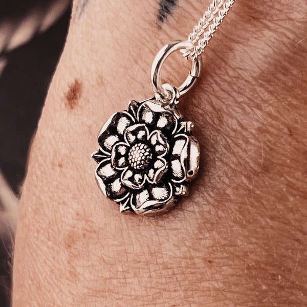 Sterling Silver Tudor Rose Necklace. Handmade Sterling Silver English Rose Pendant. Birth Flower Necklace For History Geek Friend.