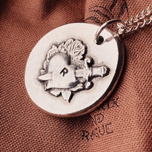 Personalised Traditional Tattoo Heart Pendant. Custom Hand Stamped Pewter Initial Pebble Pendant. Matching Stacking Couples Necklace.