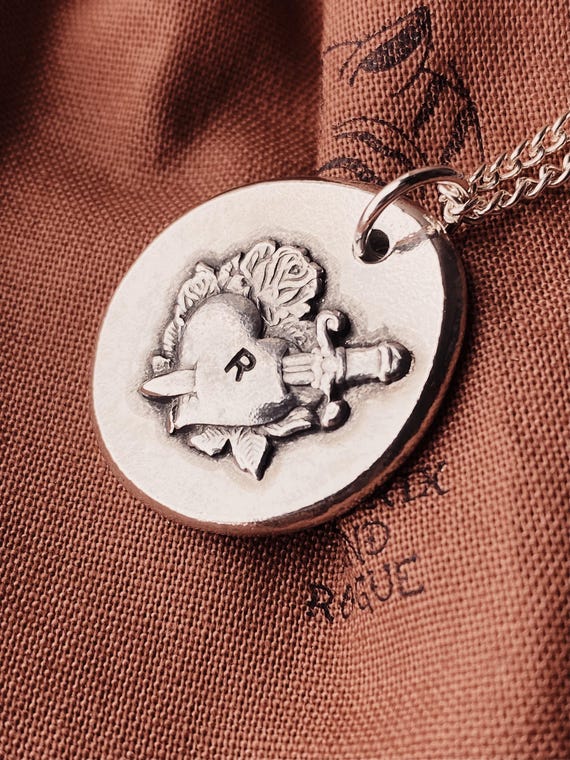 Personalised Traditional Tattoo Heart Pendant. Custom Hand Stamped Pewter Initial Pebble Pendant. Matching Stacking Couples Necklace.