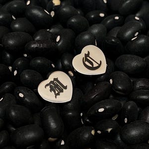 Personalised Old English Heart Studs. Traditional Tattoo Earrings. Stainless Steel Engraved Silver Tone. Initial Lucky Girlfriend Gift.