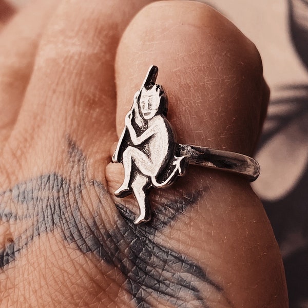 Dancing Imp Devil Ring. Handmade Medieval Style Sterling Silver Gothic Stacking Ring. Halloween Demon Gift for Witchy Friend.