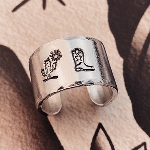 Cactus Cowboy Boot Hand Stamped Adjustable Silver Colour Ring. Western Jewellery. Birthday gift for Cowgirl.