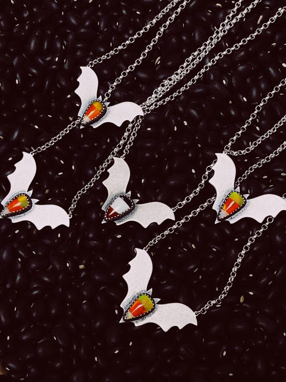 Candy Corn Bat Halloween Sterling Silver Aurora Opal Necklace . Handmade Halloween Pendant for Witch Friend.
