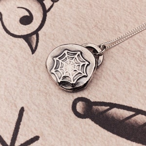 Spider Web Halloween Sterling Silver Pebble Necklace. Gothic Pendant for Witchy Friend.