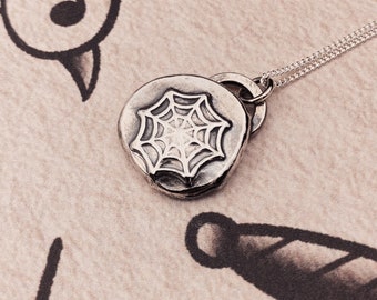 Spider Web Halloween Sterling Silver Pebble Necklace. Gothic Pendant for Witchy Friend.