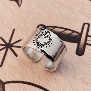 Custom Sacred Heart Initial Adjustable Ring. Silver Colour Hand Stamped Ring.