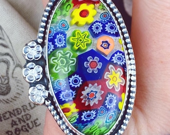 Millefiori Sterling Silver Ring. Floral Band Ring. Gemstone Ring. UK Size S.