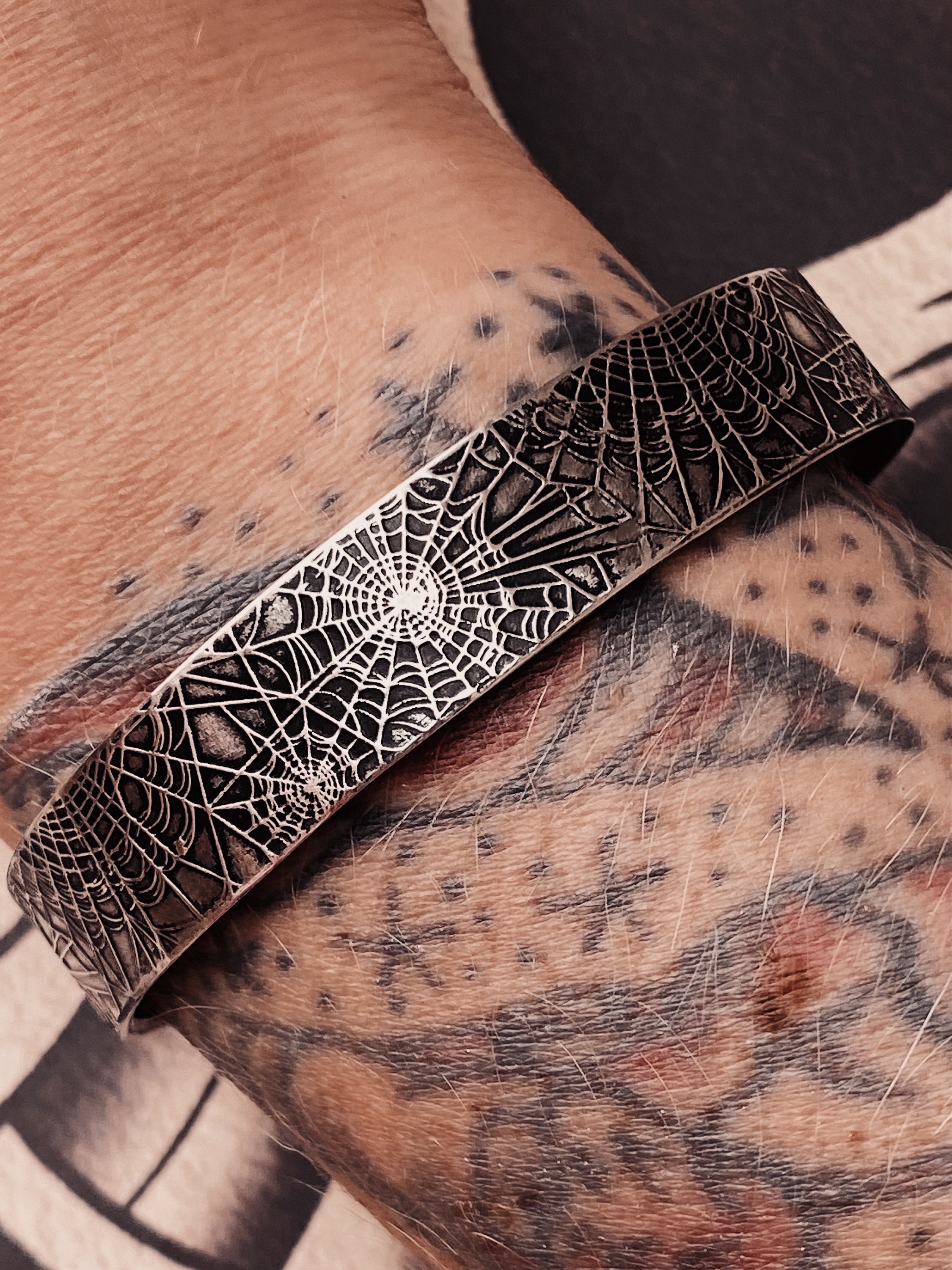 Spiderweb Pewter Cuff Bracelet. Heavy Silver Colour Halloween Bracelet. Adjustable Cuff. Brushed Pewter. Gift for Witchy Girlfriend