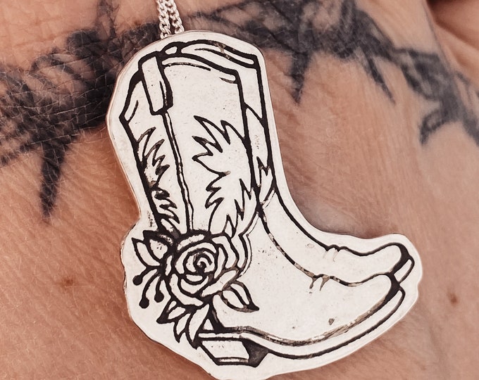 Cowboy Boot Sterling Silver Charm Pendant. Western Necklace. Handmade Horse Lover Gift. Texas Rodeo Cowgirl Cowboy.