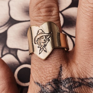 Cowgirl Heart Signet Adjustable Ring, Brass/Copper Hand Stamped Ring. image 1