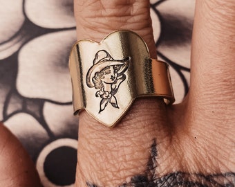 Cowgirl Heart Signet Adjustable Ring, Brass/Copper Hand Stamped Ring.