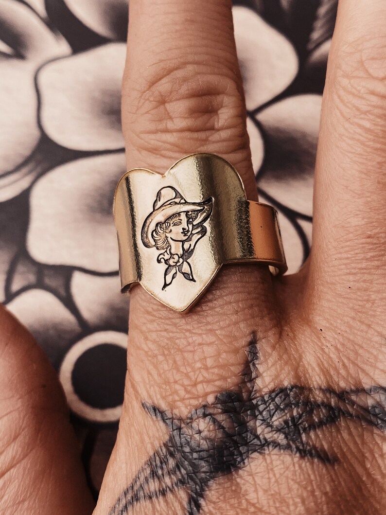 Cowgirl Heart Signet Adjustable Ring, Brass/Copper Hand Stamped Ring. image 1