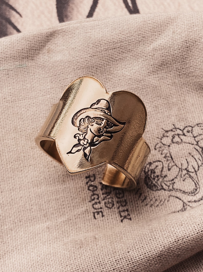 Cowgirl Heart Signet Adjustable Ring, Brass/Copper Hand Stamped Ring. image 3