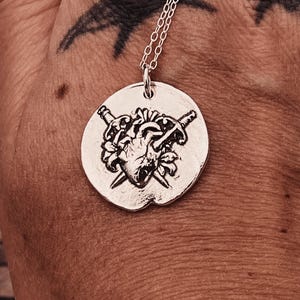 Dagger Heart Wax Seal Sterling Silver Necklace. Rustic Medieval Necklace Gift for Goth Friend. Sword Jewellery Silver Pendant.