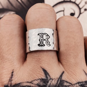 Custom Cowboy Initial Adjustable Ring. Silver Colour Hand Stamped Ring.