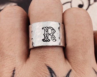 Custom Cowboy Initial Adjustable Ring. Silver Colour Hand Stamped Ring.