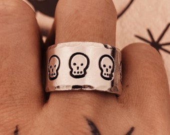 Skull Hand Stamped Adjustable Silver Colour Ring. Halloween gifts. Goth Ring. Witch Ring.