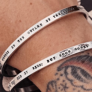 Personalised Skinny Hand Stamped Engraved Cuff Bracelet, Custom Name Adjustable Bangle. Silver Aluminium Cuff. Hidden Message Cuff.