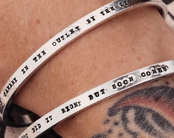 Personalised Skinny Hand Stamped Engraved Cuff Bracelet, Custom Name Adjustable Bangle. Silver Aluminium Cuff. Hidden Message Cuff.