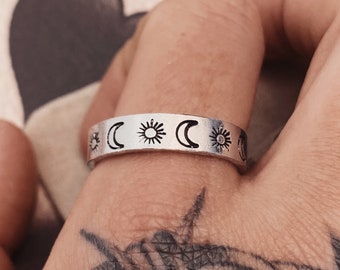 Sun Moon Ring. Adjustable Aluminium Ring. Hand Stamped Celestial Jewellery.