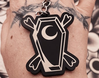 Personalised Coffin Keychain. Traditional Tattoo Flash Keyring. Gothic Car Gift for Spooky New Driver.