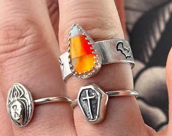 Candy Corn Halloween Sterling Silver Aurora Opal Ring. Handmade Halloween Ring for Witch Friend.