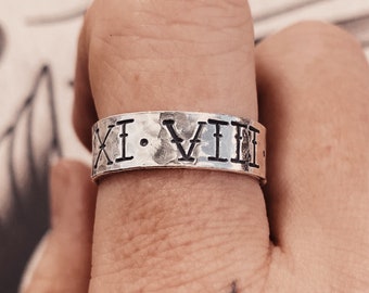 Custom Roman Numerals Ring. Memorable Date Sterling Silver Hand Stamped Band Ring. Perfect Anniversary Gift For Him.