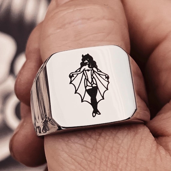 Bat Girl Pinup Square Signet Ring, Silver Coloured Stainless Steel Engraved Ring. Traditional Tattoo Gift for Pinup Girl.