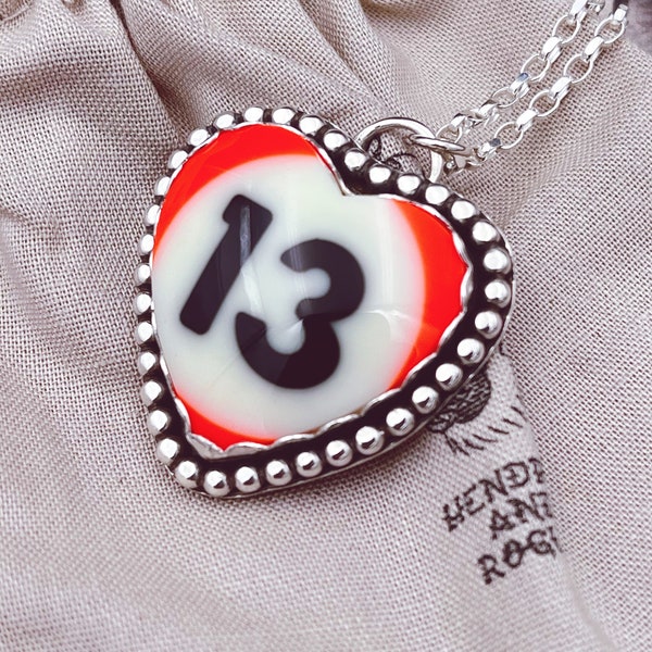 Heart Lucky 13 Ball Reclaimed Pool Ball Pendant. Handmade Sterling Silver Billiard Ball Necklace. Upcycled OOAK Jewellery.