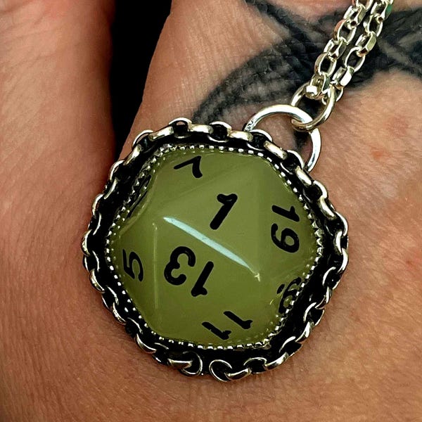 Glow in Dark DnD Dice Pendant. Handmade Sterling Silver Real Upcycled Dice Necklace. Nerdy gift for Dungeon Master.