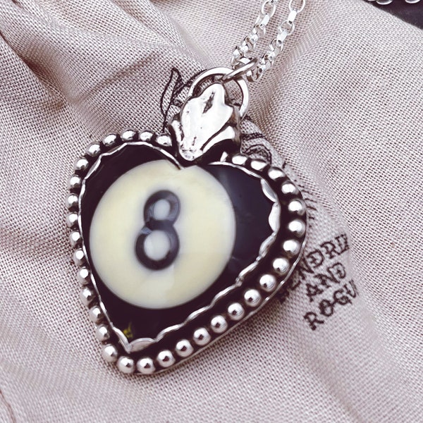 Sacred Heart Lucky 8 Ball Reclaimed Pool Ball Pendant. Handmade Sterling Silver Billiard Ball Necklace. Upcycled OOAK Jewellery.