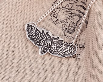 Death moth necklace. Hand stamped gothic sterling silver pendant. Perfect gift for your bug loving buddy.