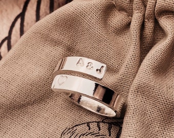 Custom Sterling Silver Initial Ring, Hand Stamped Adjustable Wrap Ring.