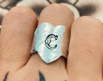 Custom Cowboy Initial Adjustable Ring. Silver Colour Hand Stamped Ring.