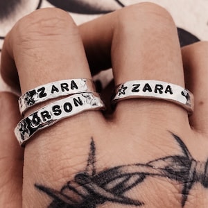 Personalised Name Ring. Adjustable Hand Stamped Initial Ring. Engraved Monogram Date Ring.
