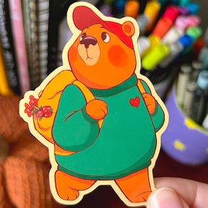 Hiking Bear Glossy Vinyl Sticker, Laptop Decal