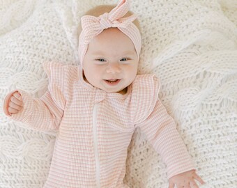 Cotton Striped Waffle Knit Footie | Newborn Take Home Outfit | Ruffle Girl Pajamas | Striped Footie | Baby Boys Pajamas | Baby Girls Pajamas