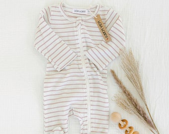 Cotton Striped Waffle Knit Footie | Newborn Take Home Outfit | Striped Footie | Baby Boy's Pajamas | Baby Girls Pajamas