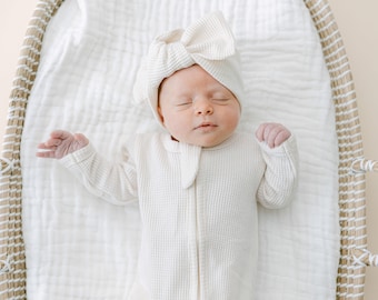 Organic Waffle Knit Footie With Bow Or Hat | Newborn Take Home Outfit | Organic Baby Snug Fit Footie | Footie With Bow | Footie With Hat