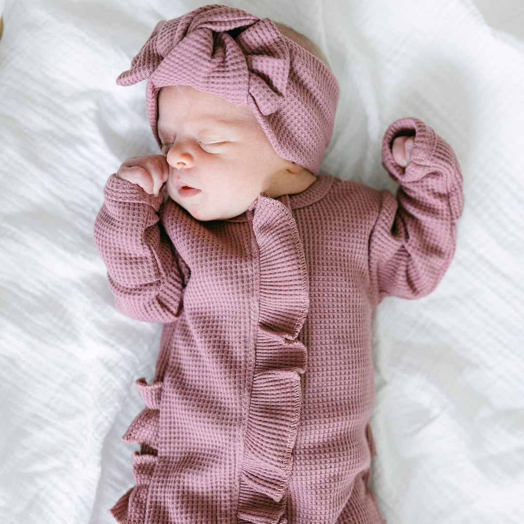 Organic Waffle Knit Ruffled Footie With Bow Organic Snug Fit Baby