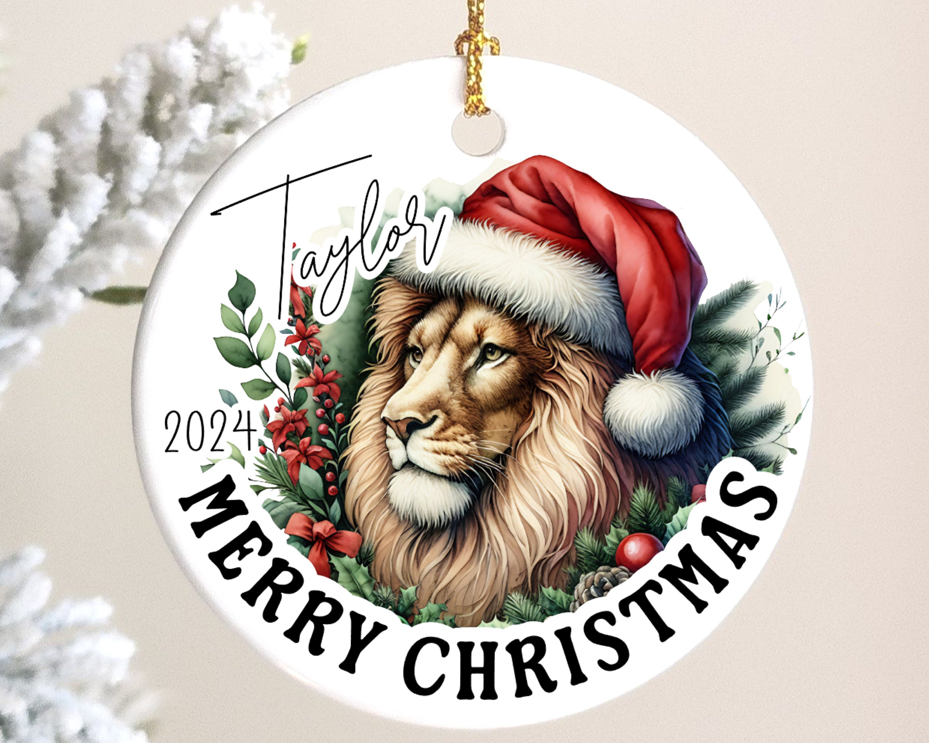 Lion Custom Christmas Ornament of Lion Personalized Gift, Ceramic Tree Ornament, Wildlife Art, Nature Lover Gift, Loves Animal, Lion Gift