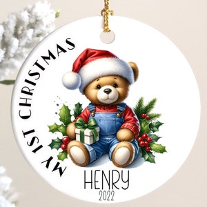Personalized, Teddy Bear Baby&#39;s First Christmas Ornament, Train, With Name, Baby&#39;s 1st Xmas, New Baby, Shower Gift, Present for New Parents
